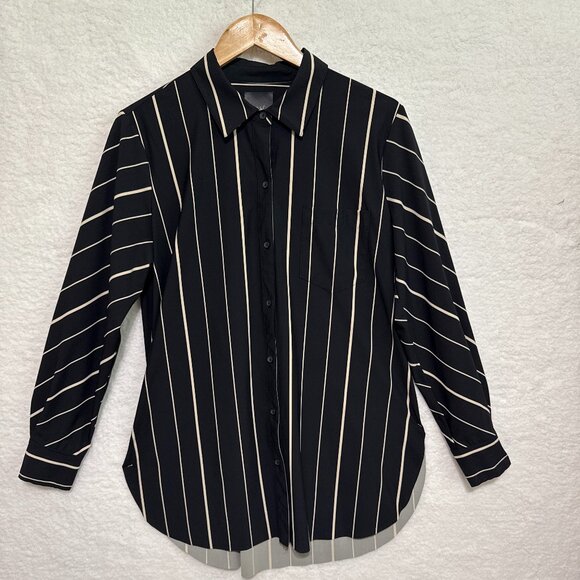 Lysse Womans Long Sleeve Shirt Black w Cream Stripes size L - Picture 1 of 8